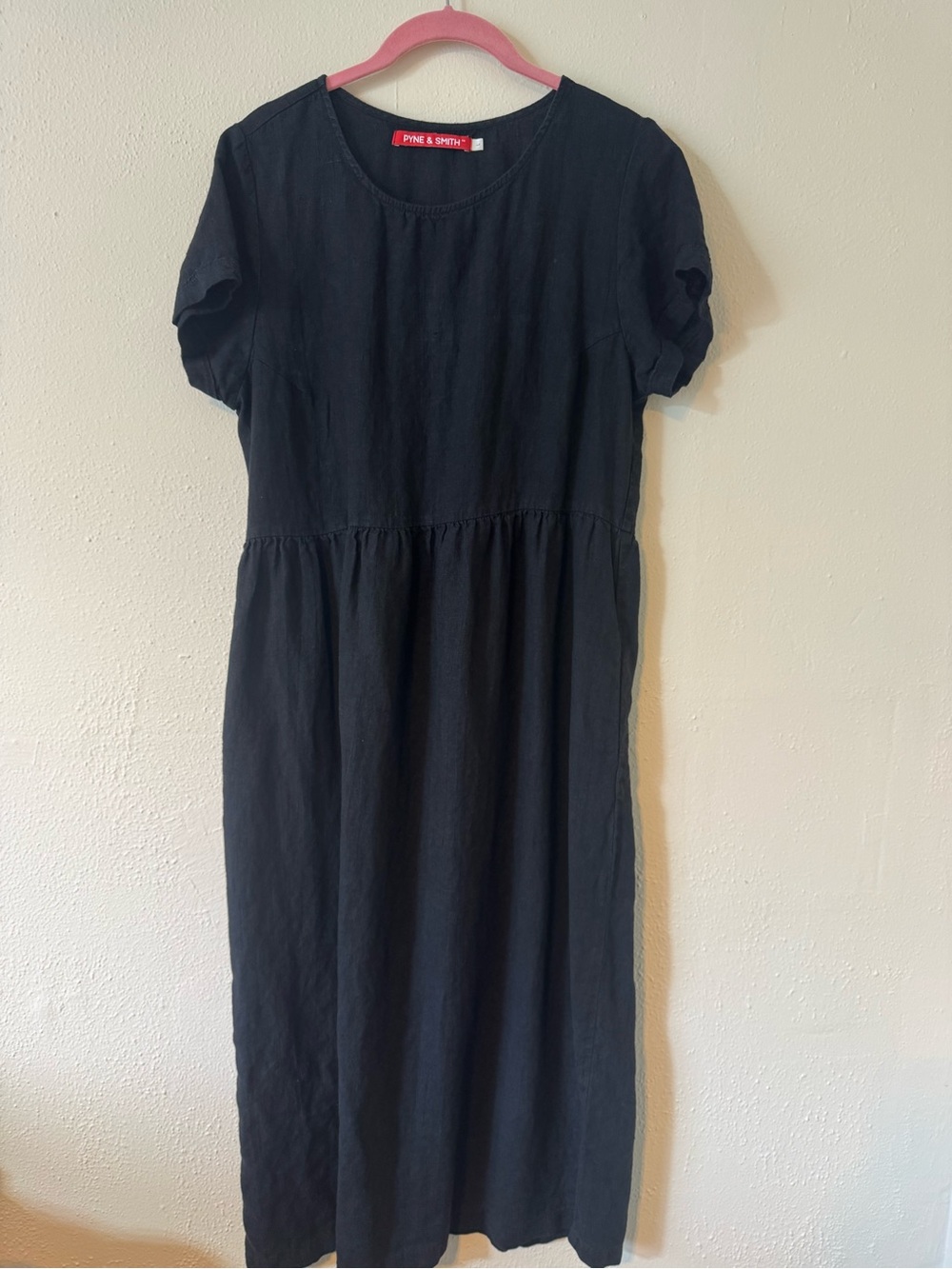 Pyne & Smith European Linen Black Dress Short Sleeve Gathered Waist Large